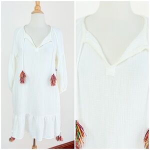 💋Anthropologie White gauge Mini Dress with Tassel Accents size S